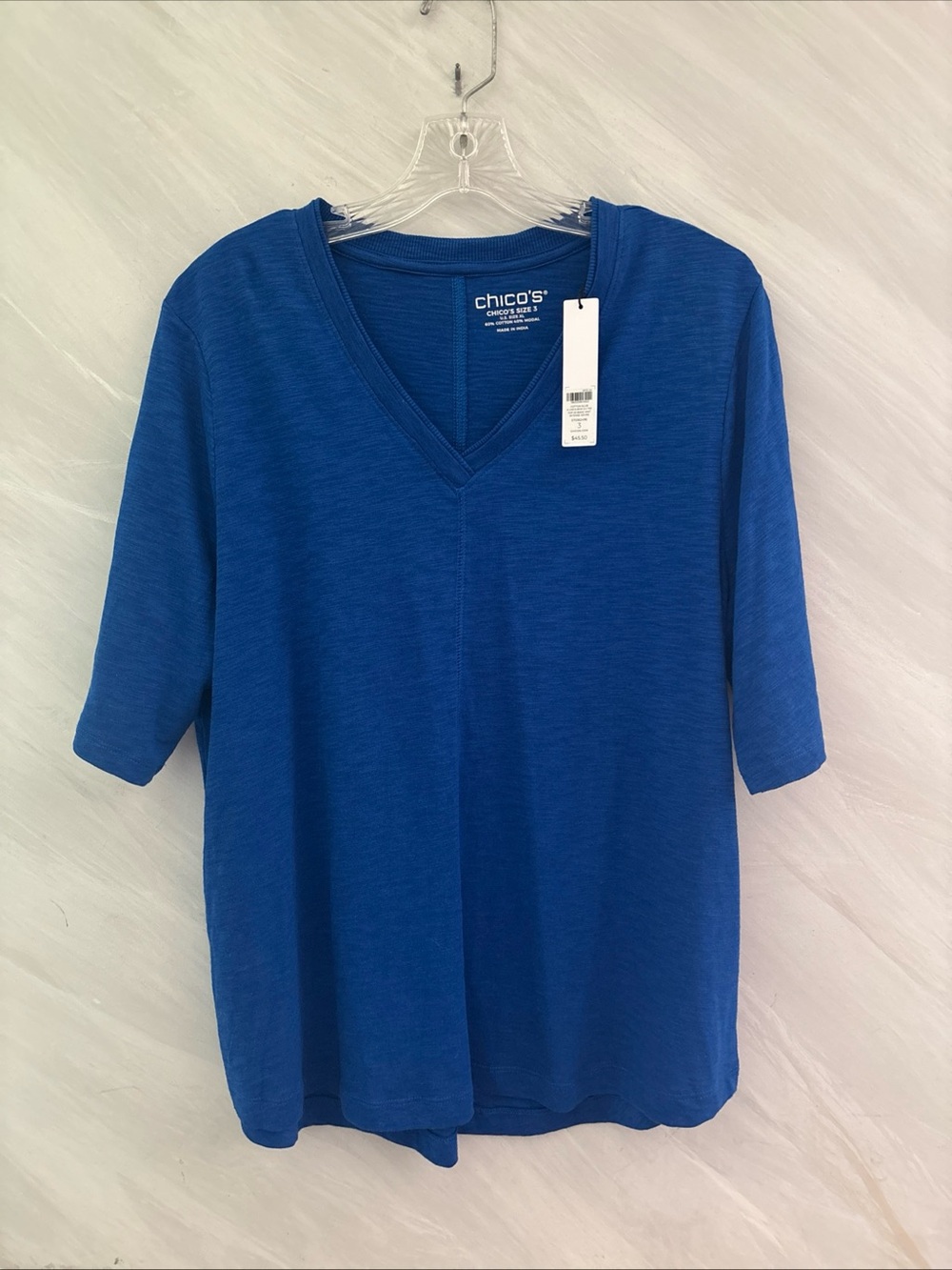 Chico’s 3 (XL) Royal Blue V-Neck Elbow Short Sleeve A-Line Hem Top Coastal NEW!